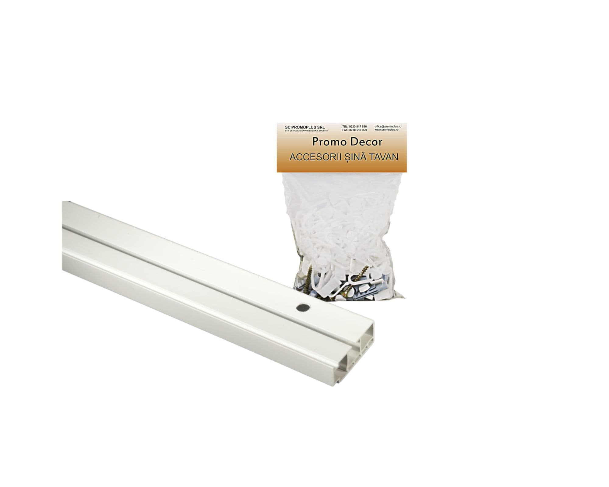 Șină pentru perdea / 1 Canal, prindere tavan, PVC alb, 300 cm + set accesorii