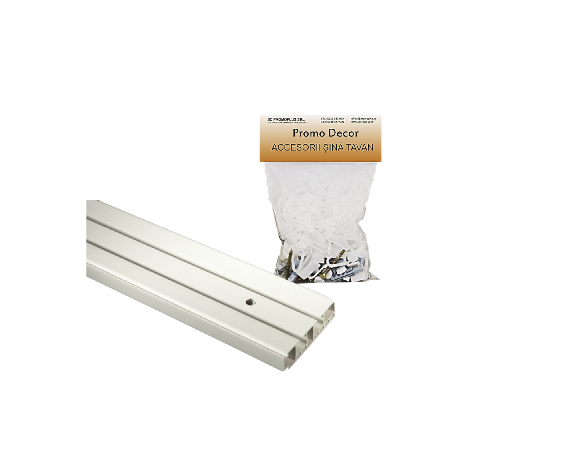 Șină pentru perdea / 2 Canale, prindere tavan, PVC alb, 150 cm + set accesorii